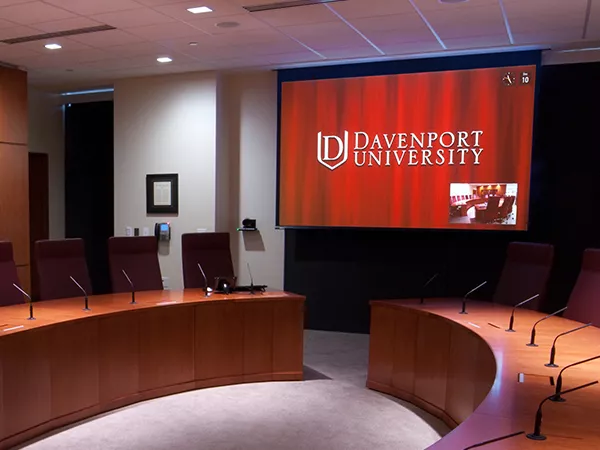 Access E screen in a boardroom at Davenport University. Photo by Don Kreski for Crestron Electronics. 